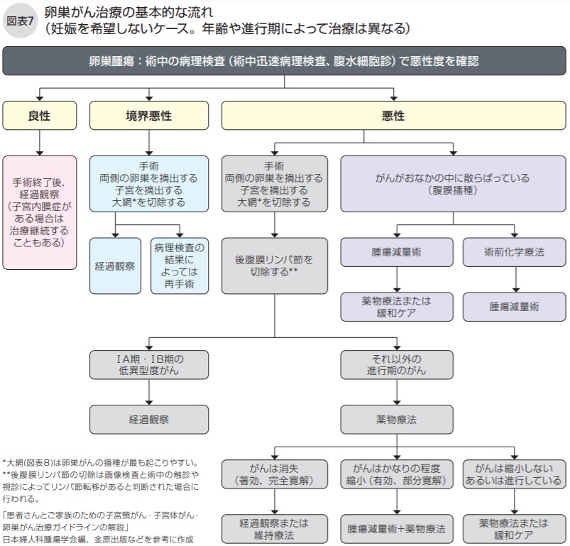 卵巣がん治療の基本的な流れ（妊娠を希望しないケース。年齢や進行期によって治療は異なる）